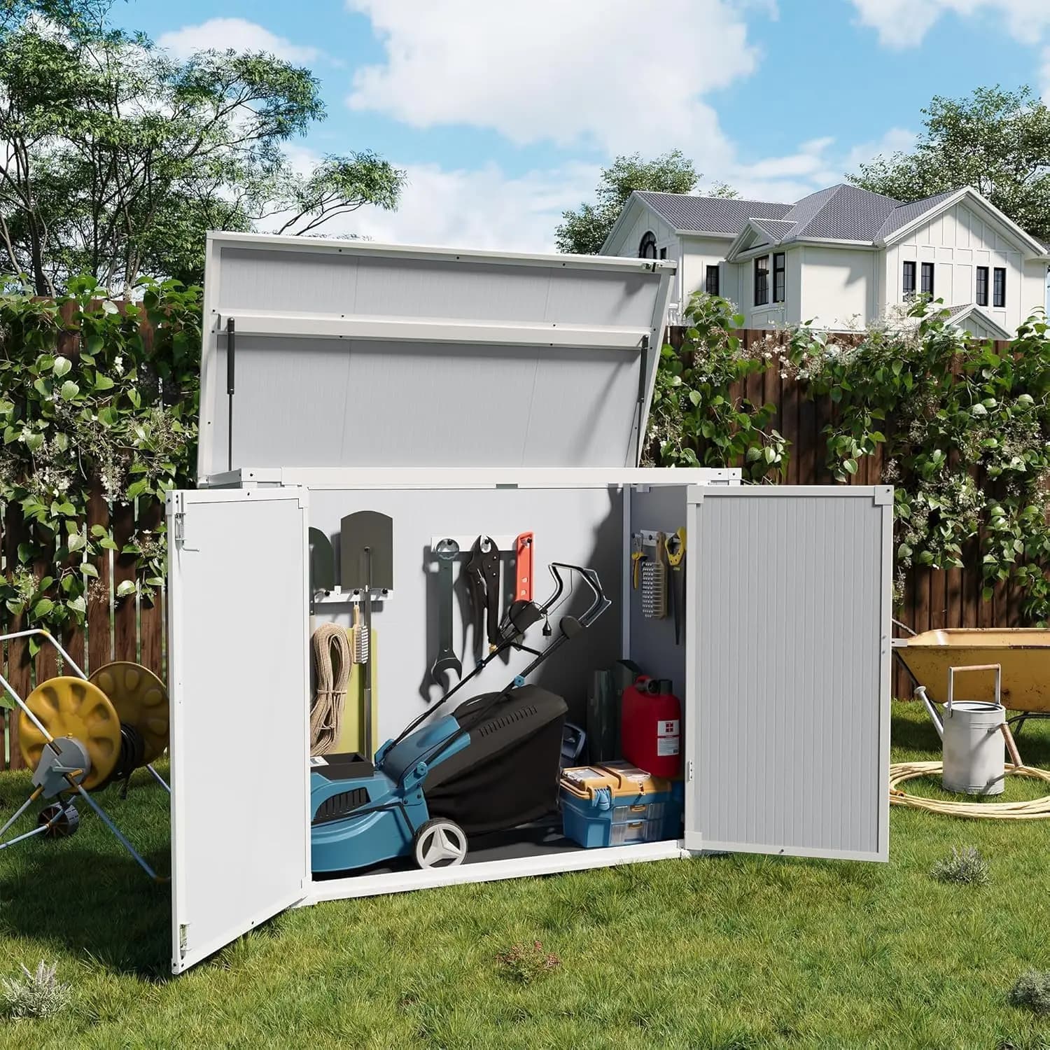 Storage Shed Outdoor Weatherproof Resin Storage Shed with Floor 41 Cu.Ft with Gas Spring, Lockable Doors for Trash Can, Custom