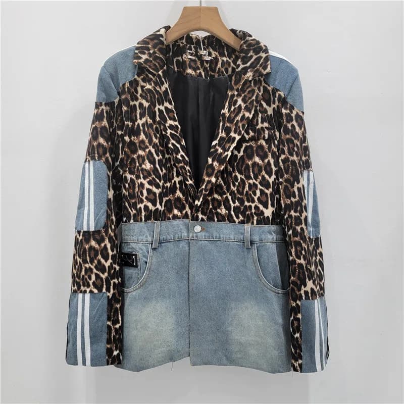 Cappotto da donna in denim impiombato stampato leopardato Cappotto da cowboy Patchwork Jeans Blazer Giacca Primavera Autunno Cardigan da cowboy Top 2025