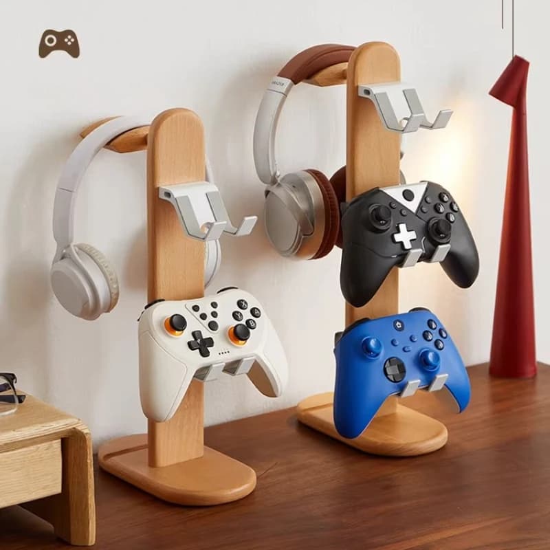 Universal Support for Solid Wood Gaming Headphones, All-in-One Premium Desk Organizer for Gamepad and Headphones