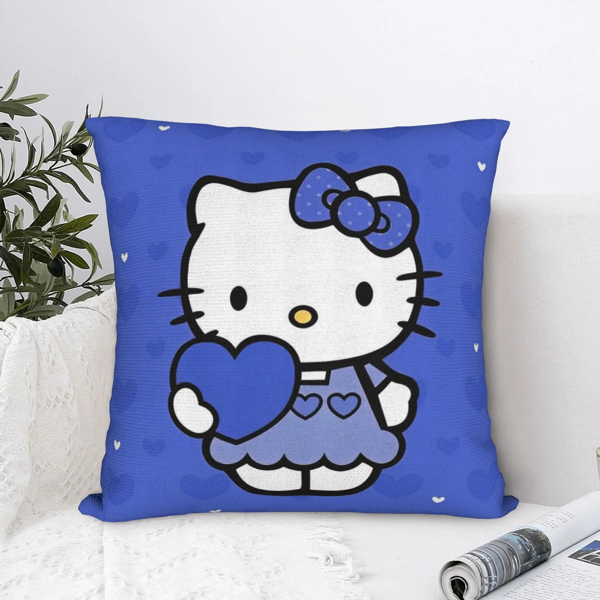 Federa per cuscino quadrata blu Hello Kitty in poliestere, federa personalizzata