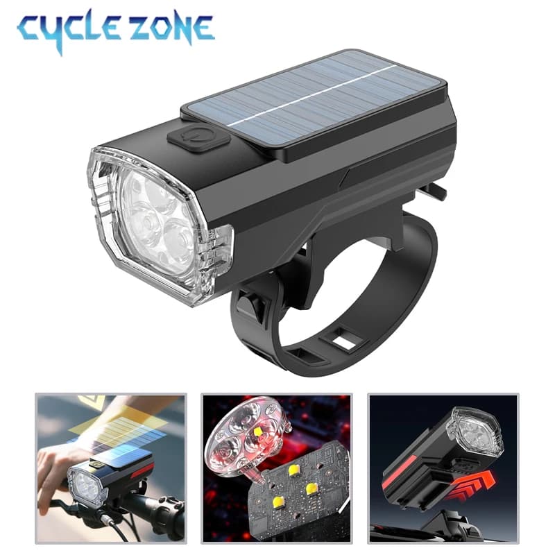 Front bicycle light with solar charging, large angle, MTB, road bike, 3 LED headlights, easy to install torch, cycling accessories