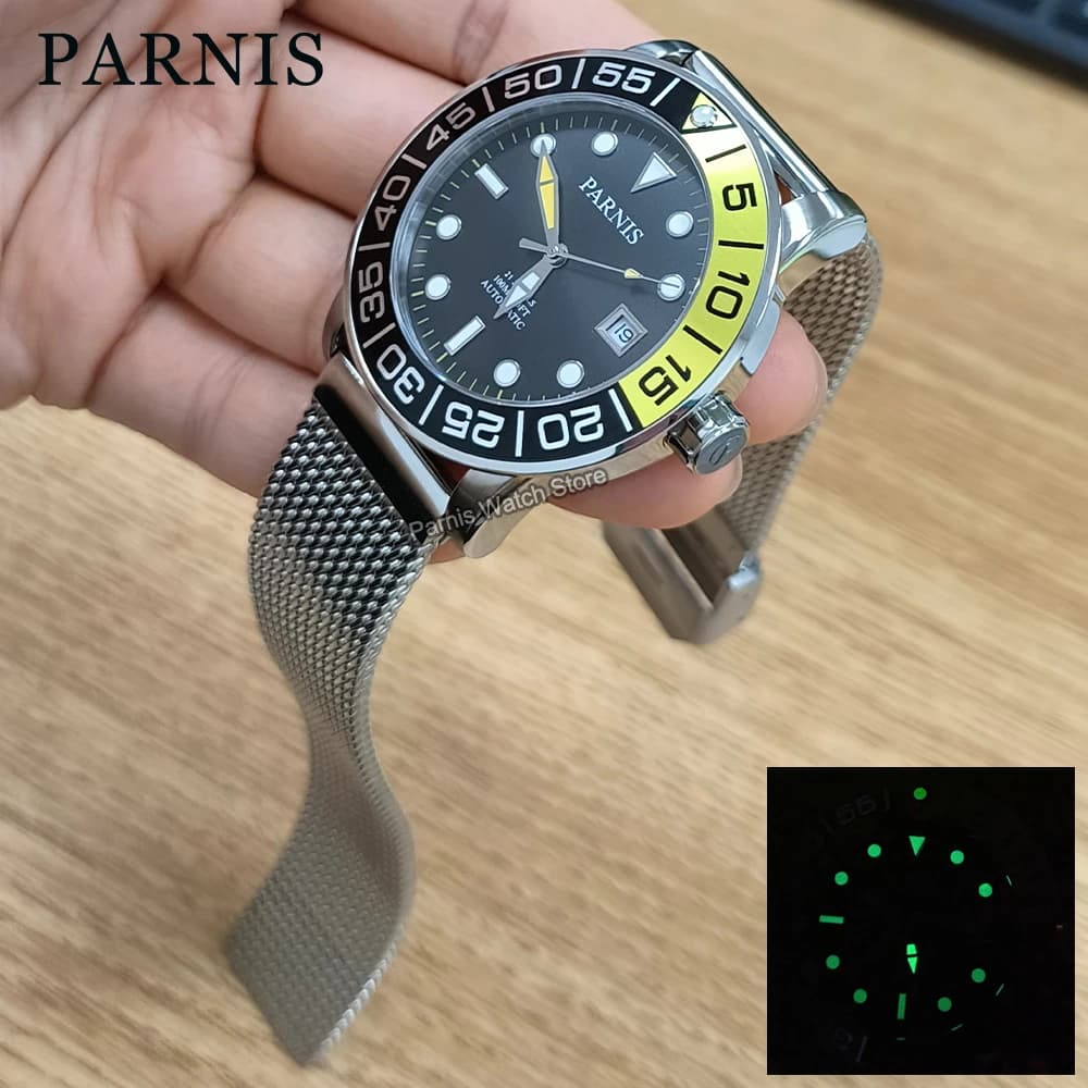 Parnis 42mm Miyota8215 Automatic Stainless Steel Bracelet 10ATM Sapphire Crystal Black Dial Luminous Marker Men Watch