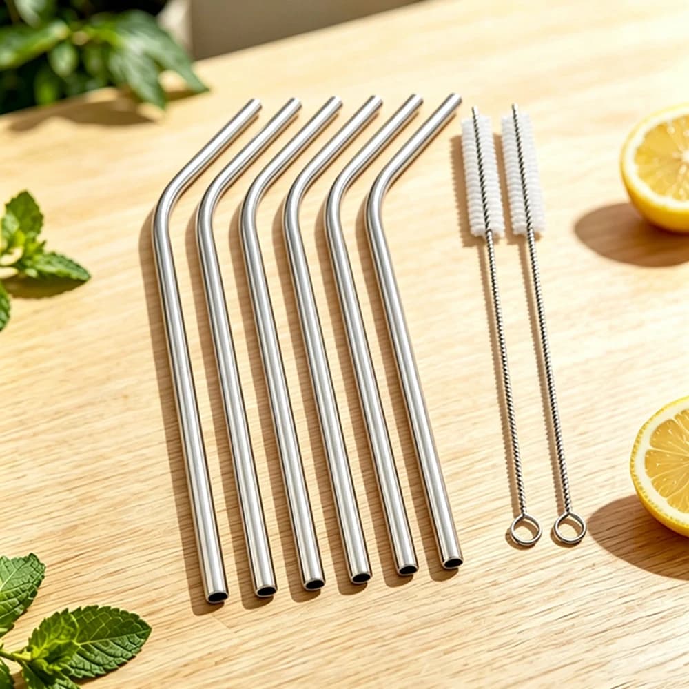 6 reusable metal straws, robust 304 stainless steel folded straws with 2 cleaning brushes, party and bar accessories
