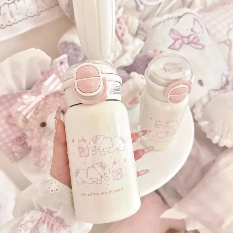 Cute 2-in-1 Straw & Sip Lid Insulated Water Bottle -Kawaii 316 Stainless Steel Travel Mug,Portable Leak Proof Cup,Gift for Women