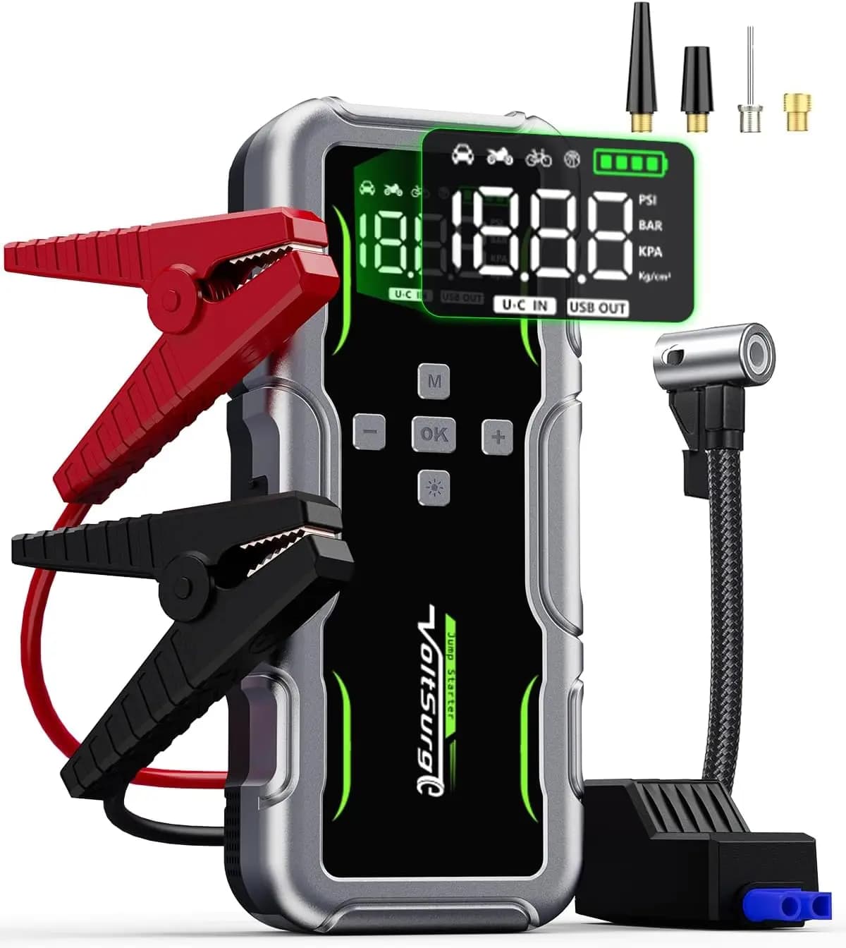 Avviatore di Emergenza 8000A con Compressore d'Aria, Portatile 12V per Auto e Camion, Display LCD e Luci