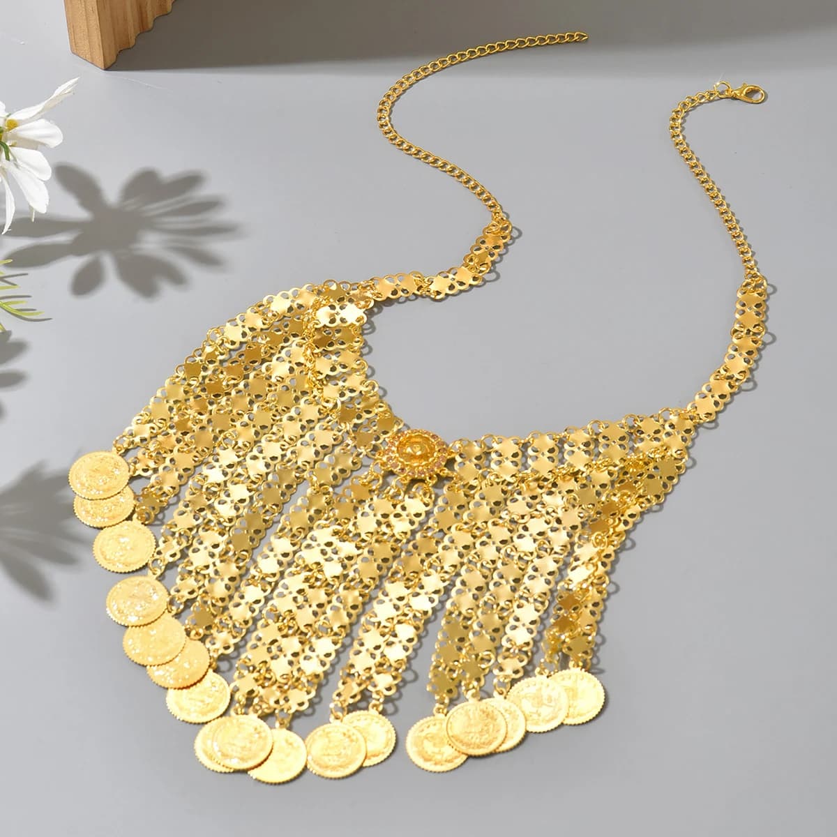 Elegant Palace-Style Multi-Layer Gold Coin Tassel Necklace Hollow Chain Design For Wedding Banquet Formal Attire