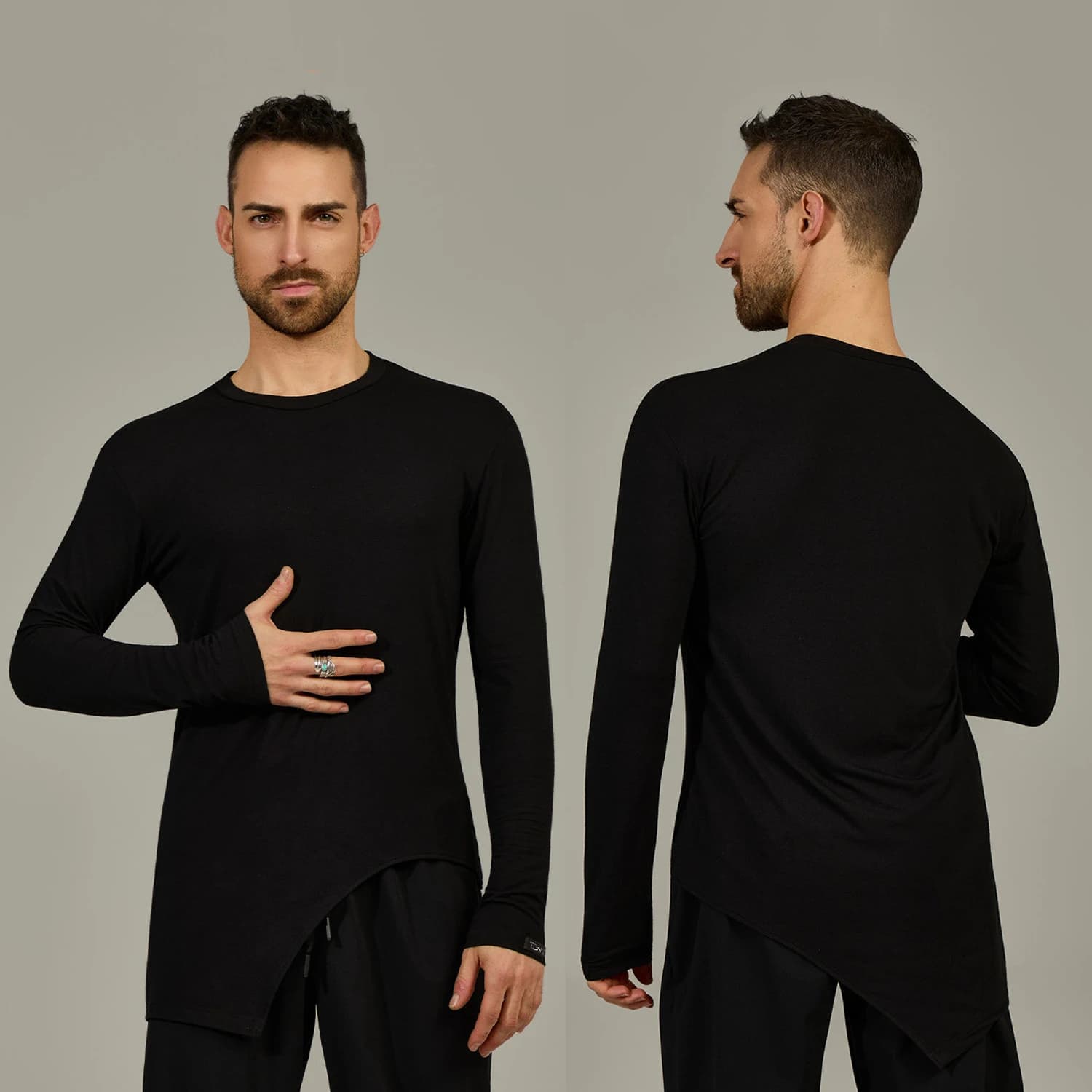 Magliette da ballo latino da uomo 2026, girocollo, maniche lunghe, orlo irregolare, nere, per adulti, per pratica di Rumba e Salsa DNV26291