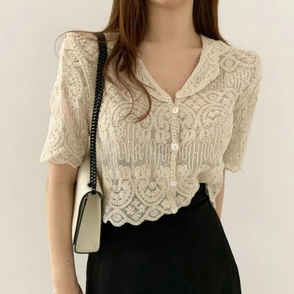 Camicetta alla moda in pizzo ricamato trasparente, traspirante, tinta unita, top in pizzo, cardigan estivo a maniche corte, outfit per le vacanze