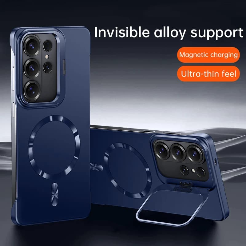 Custodia Magnetica Ultra Sottile Senza Cornice con Supporto per Fotocamera in Metallo per Samsung Galaxy S25 S24 S26 Ultra Plus FE, Cover Opaca Compatibile con Magsafe