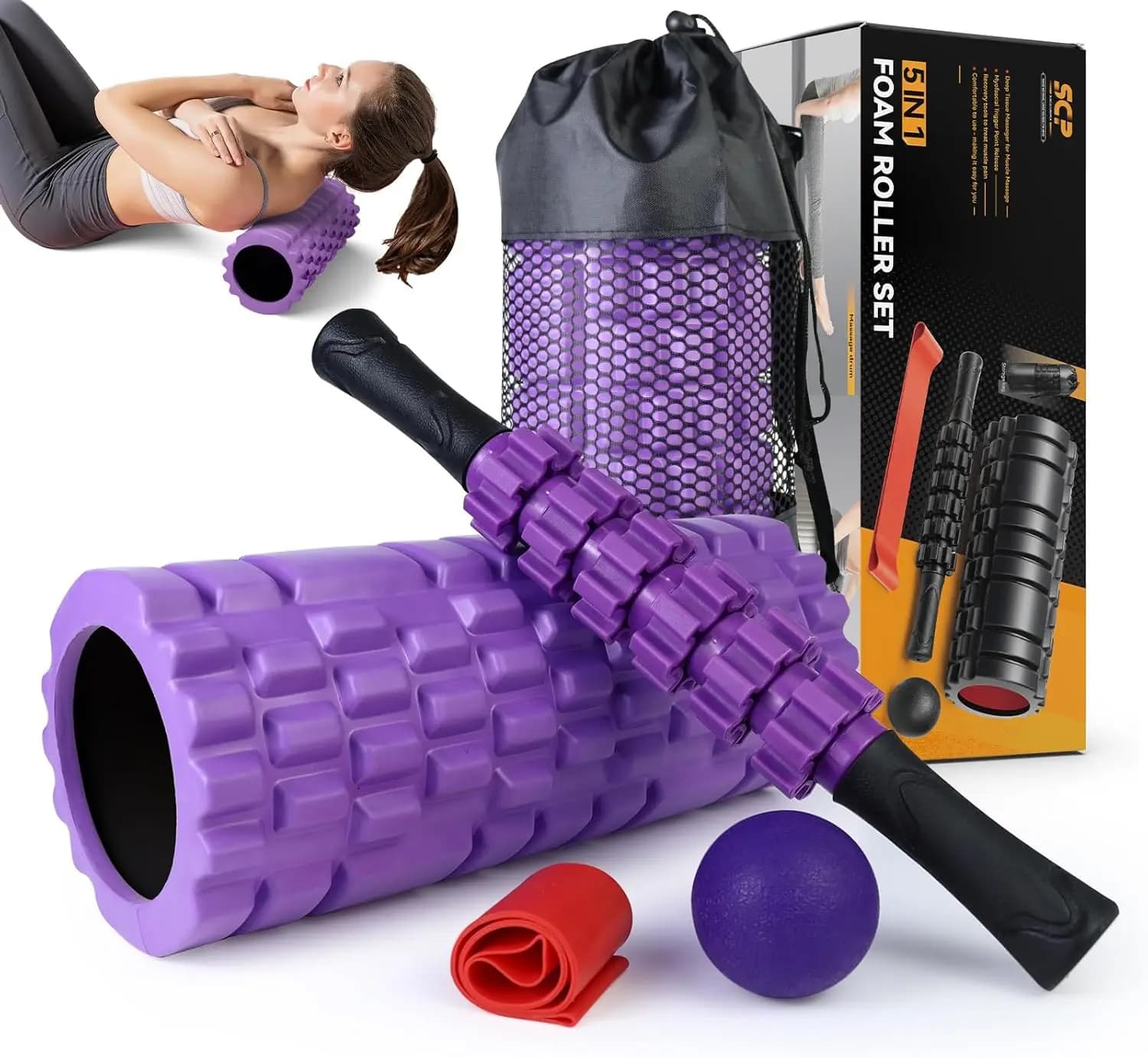 Set di 5 Rulli in Schiuma per Massaggio Profondo, Rullo ad Alta Densità per Punti di Pressione, Bastone per Massaggio, Palla e Fascia di Resistenza, Viola