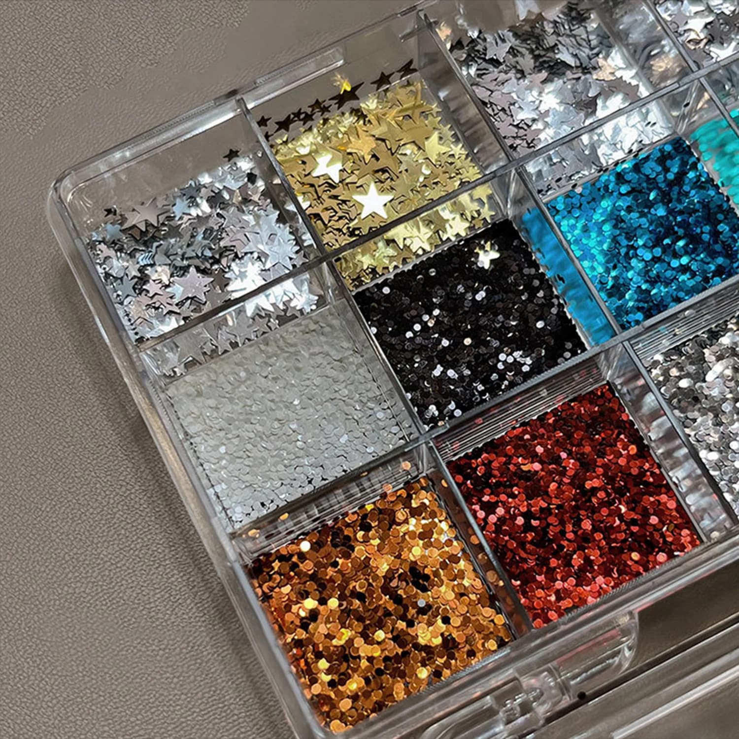 1 Star Shaped Glitter Box, Silver and Gold Metallic Decorations, Butterfly Shaped Sequins for Nail Art and Manicure