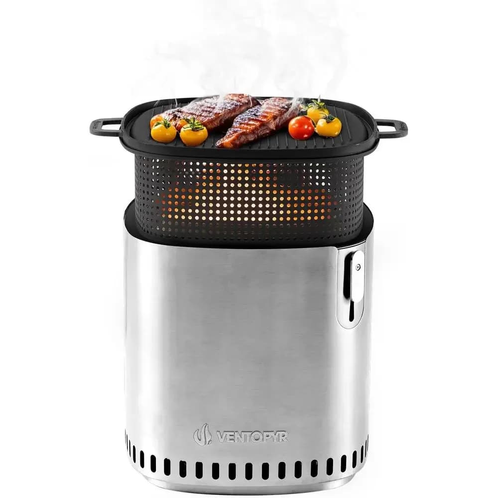 Fornello Smokelire in Acciaio Inox con Potenza Regolabile, Vassoio Cenere Rimovibile, Tavolo da Campeggio Portatile a Legna con Griglia