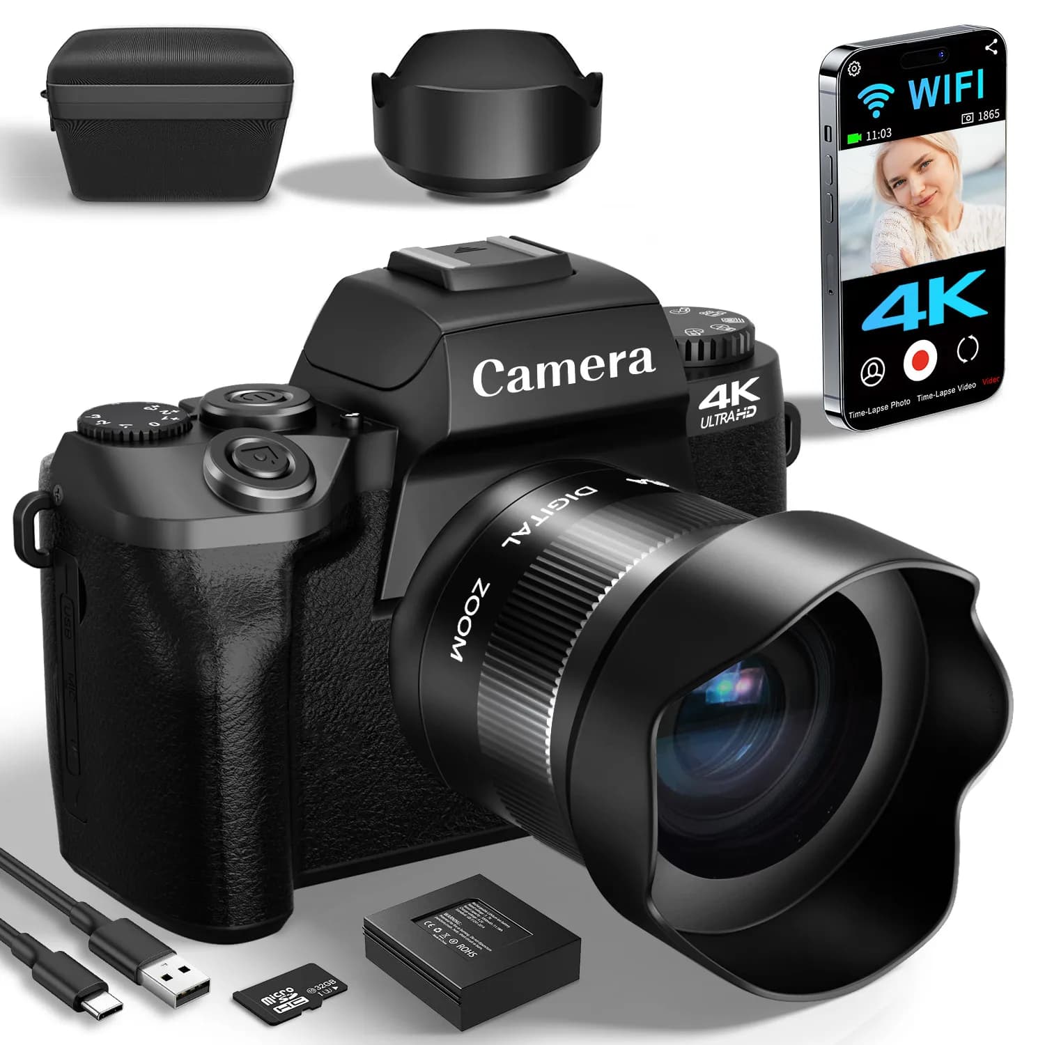 Fotocamera digitale per fotografia, fotocamera per vlogging WiFi 4K 64MP con flash, paraluce, fotocamera anteriore e posteriore, touch screen da 4 pollici