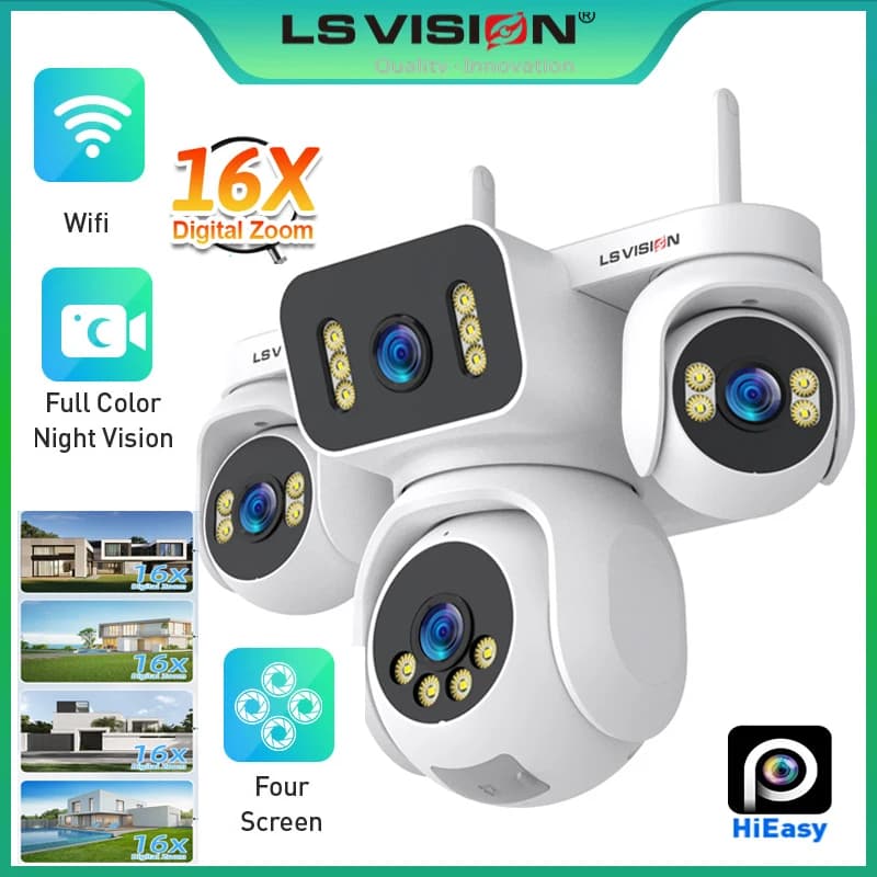 Telecamera di Sicurezza Esterna WiFi LS VISION 20MP con 4 Schermi, Zoom 16X, Quad Lens PTZ, Tracciamento Automatico, Impermeabile, Visione Notturna CCTV
