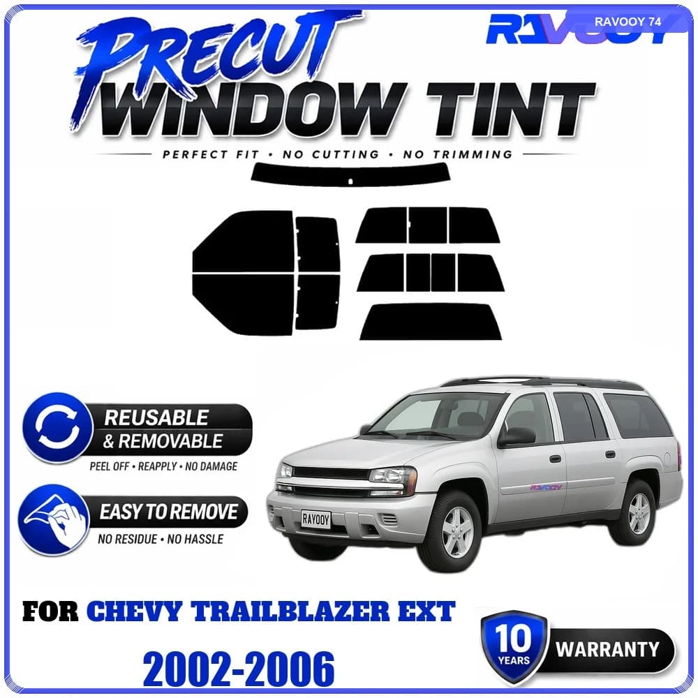 RAVOOY Precut Window Tint, Reusable Removable EPU Film, Custom Fit for Chevy TrailBlazer EXT 2002-2006, UV Heat Protection