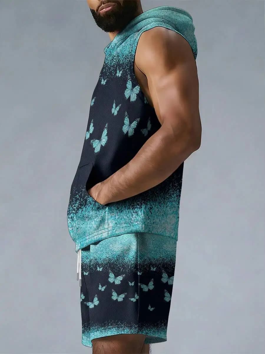 Men's Hooded Vest And Beach Shorts Set Butterfly Gradient Blue Black Print Fashionable And Casual, Suitable For Outdoor