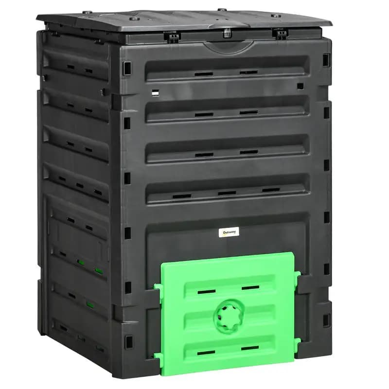 Compostiera da Giardino Outsunny, 450L (120 Galloni), Senza BPA, con 80 Fori di Ventilazione e 2 Porte Scorrevoli, Leggera e Robusta, Creazione Rapida di Terreno Fertile, Nera