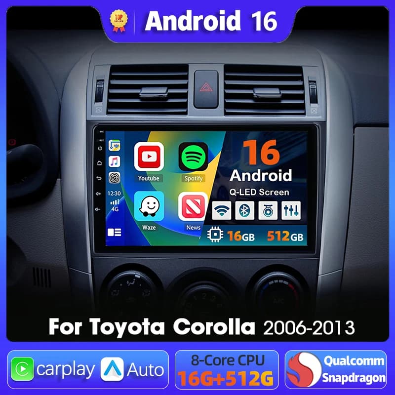 Autoradio Android 15 with Navigation and Multimedia Reader for Toyota Corolla 2006-2013, Stereo Auto with Carplay