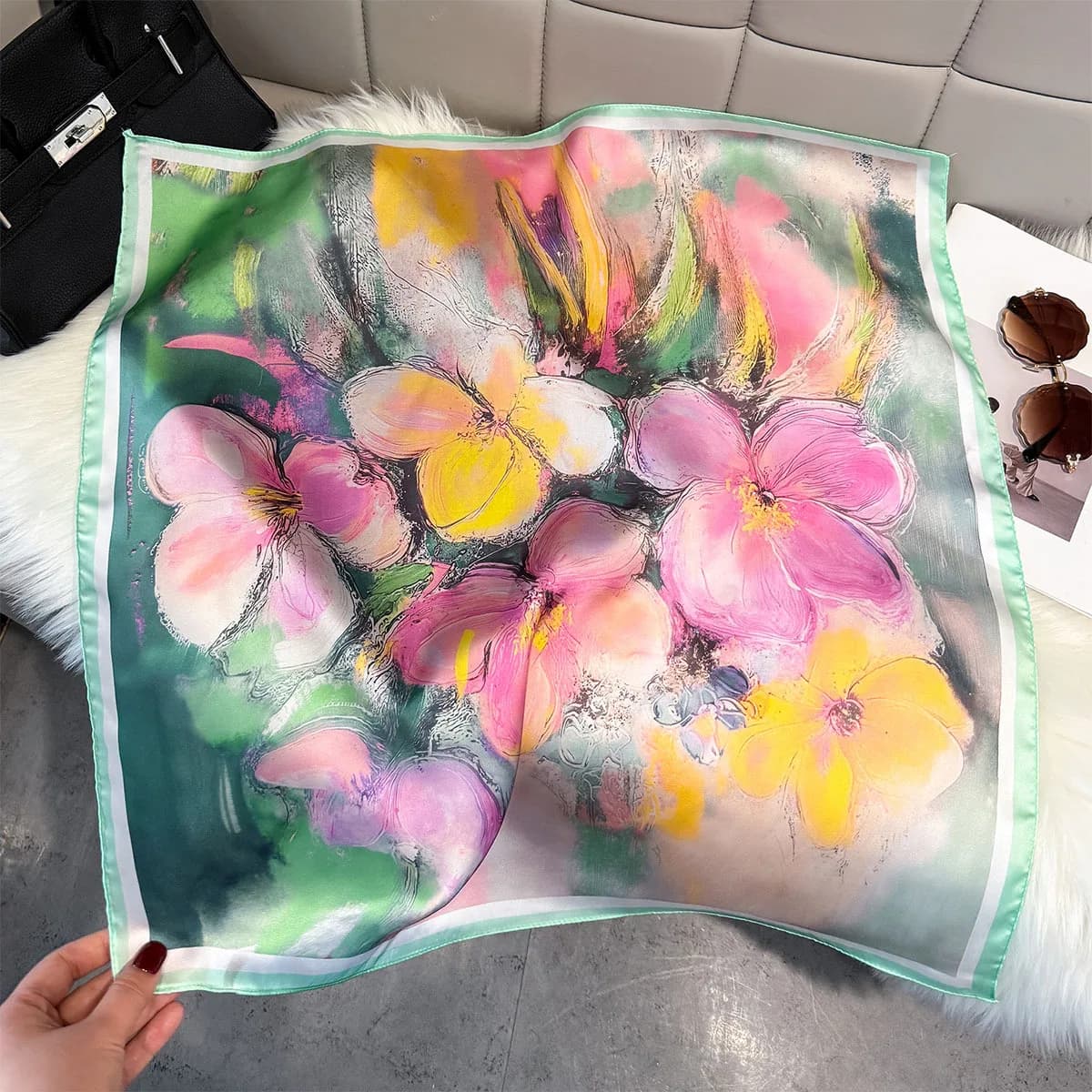 Square Silk Scarf with Oil Painting Printing, Soft Scarf in Satin for Woman, Hijab, Collo tie, Fashion scarf, Female Bandana 2026 New