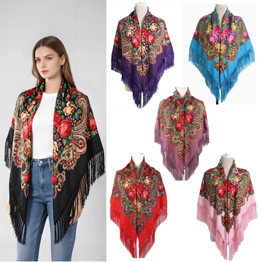 Russian Square Scarf Ukrainian Flower Scarf Shawl Ethnic Style Traditional Fringed Shawl Bandana Babushka Head Wraps