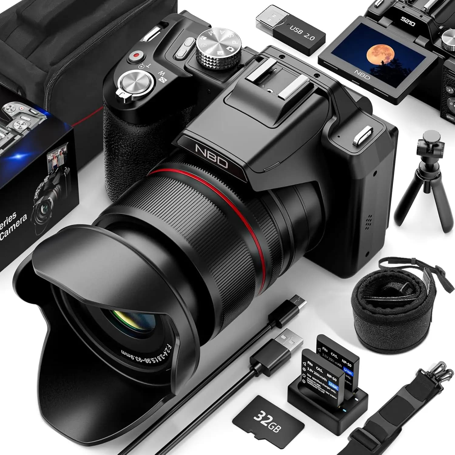 Fotocamere digitali NBD 5K per fotografia Fotocamera con zoom ottico 16X con controllo WiFi e app, fotocamera per vlogging con 180 ° Schermo ribaltabile