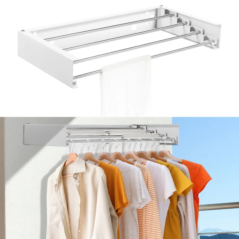Folding Stainless Steel Wall Mount Clothes Drying Rack - Collapsible Laundry Hanger for Travel, Indoor Balcony and Towel JJ1196