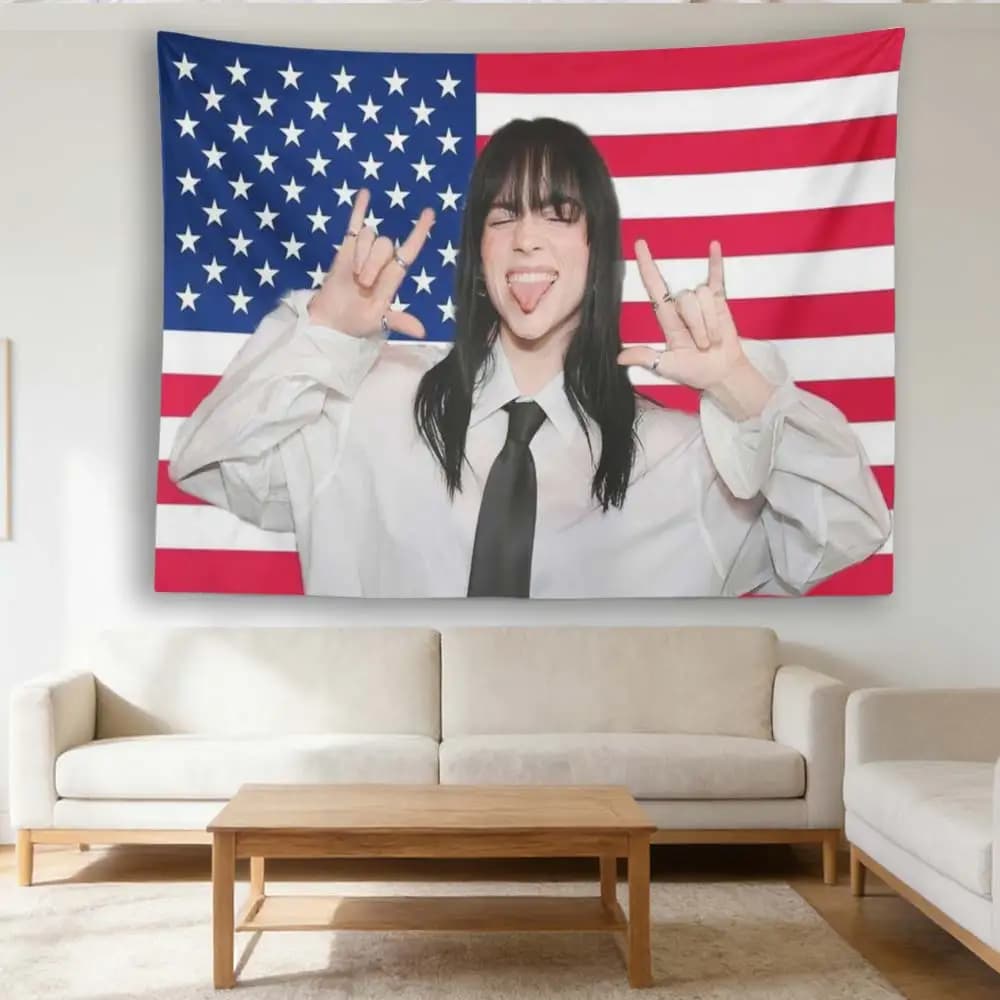 1pc Billie E-Eilish Themed Pink White Flag Wall Tapestry, Patriotic Wall Hanging Art for Bedroom Living Room Dorm Decor
