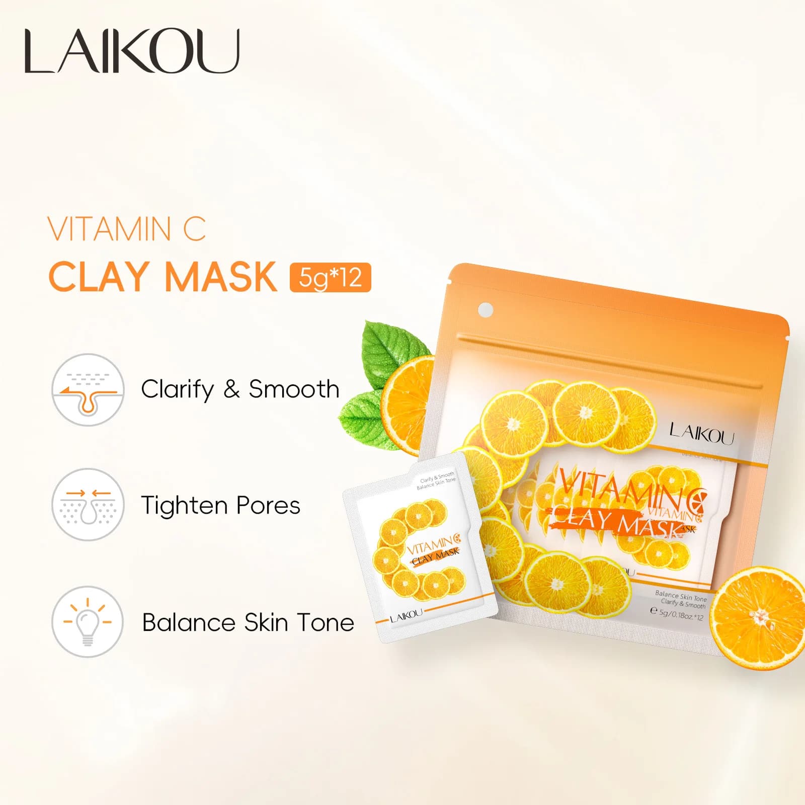 12 Pieces LAIKOU Face Mask Vitamin C Hydrating, Face Mask for Oil Control, Collagen Mask, Skin Care, Korean Cosmetics