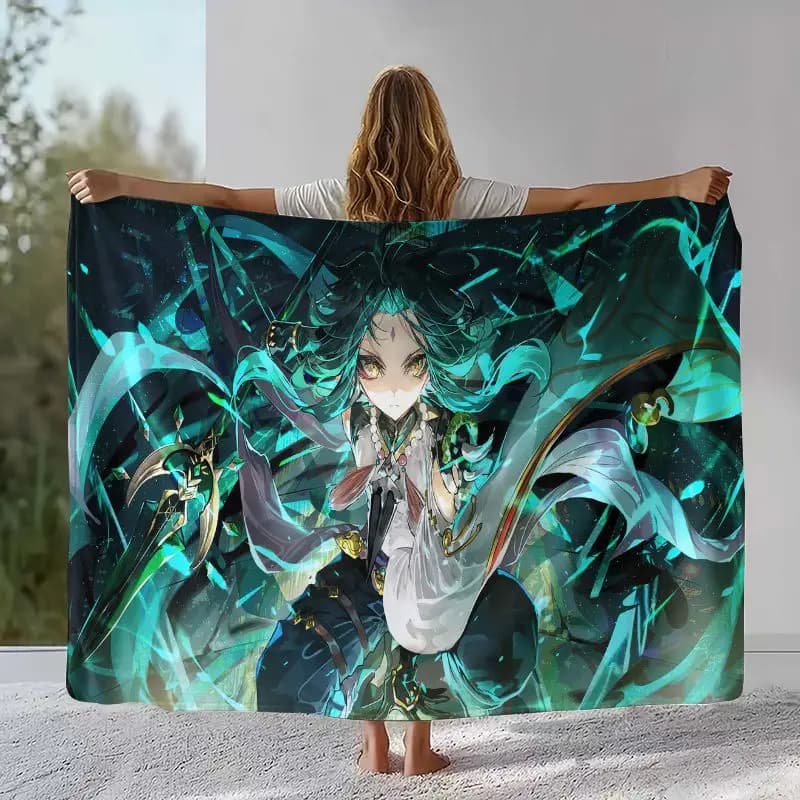 Classic Game Genshin Impact Cartoon Flannel Blanket,Ultra Soft Warm Plush Throw for Home Bedroom Bed Sofa Cover Office Camping