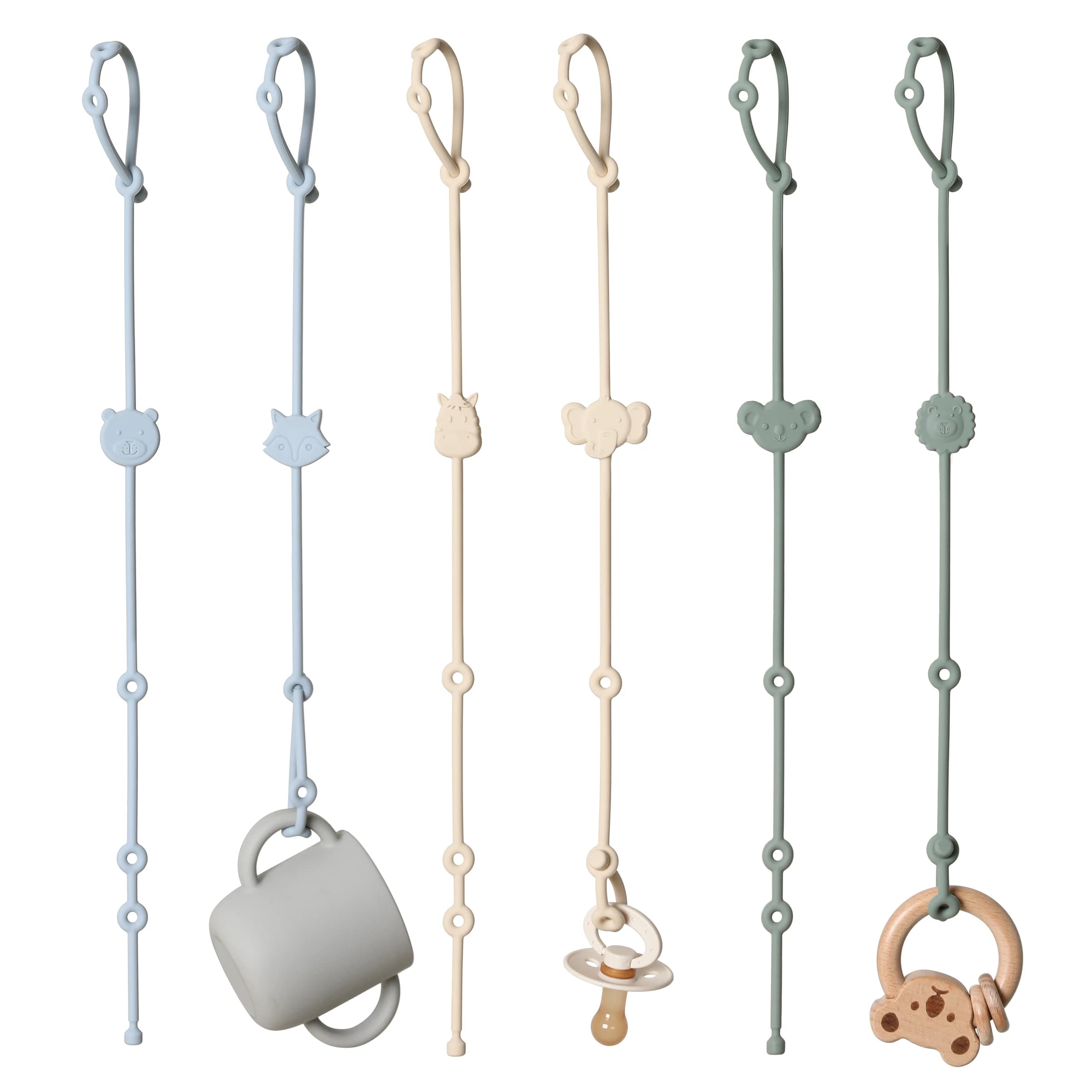 Cinghie per giocattoli in silicone per bambini da 6 pezzi, catena per ciuccio regolabile anti-smarrimento a forma di animale del fumetto per passeggini, seggioloni