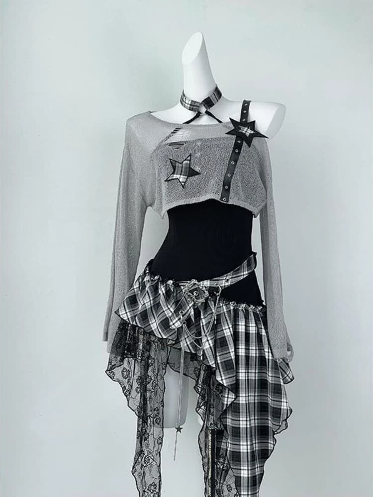 2000s Y2K Spicy Girl Design Set irregolari Plaid Impiombato Abito senza spalline Set Donna Sottile Manica lunga Protezione solare Cover-up Suit