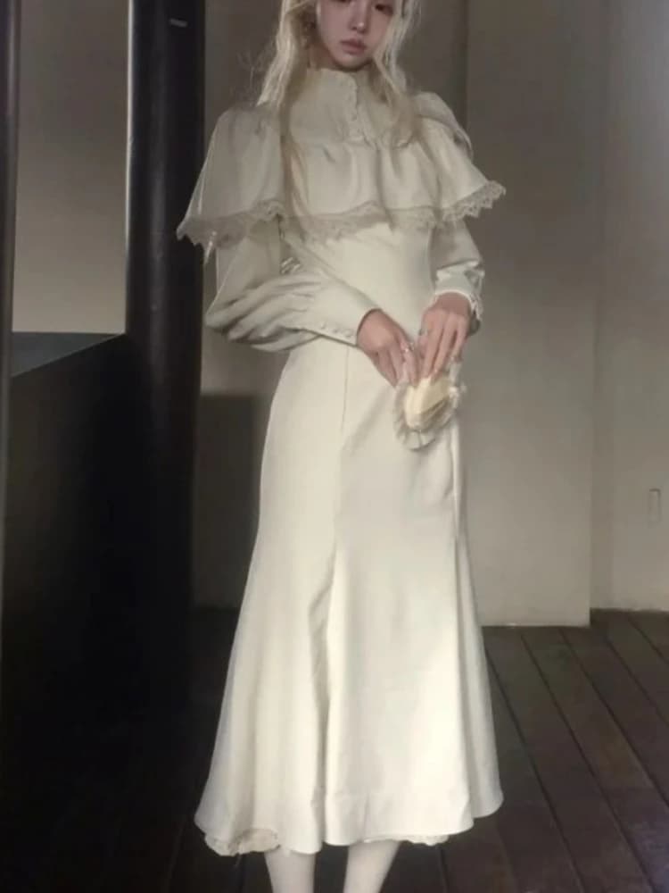 Japanese gothic dress sweet and elegant with white mantle fish tail Long dress with slim design for women Harajuku long sleeve punk dresses