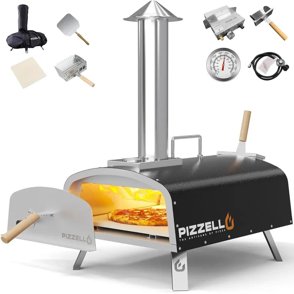 Forno per Pizza da Esterno a Doppia Alimentazione con Bruciatore a Propano, Vassoio in Legno, Pietra per Pizza, Pala e Borsa per il Trasporto