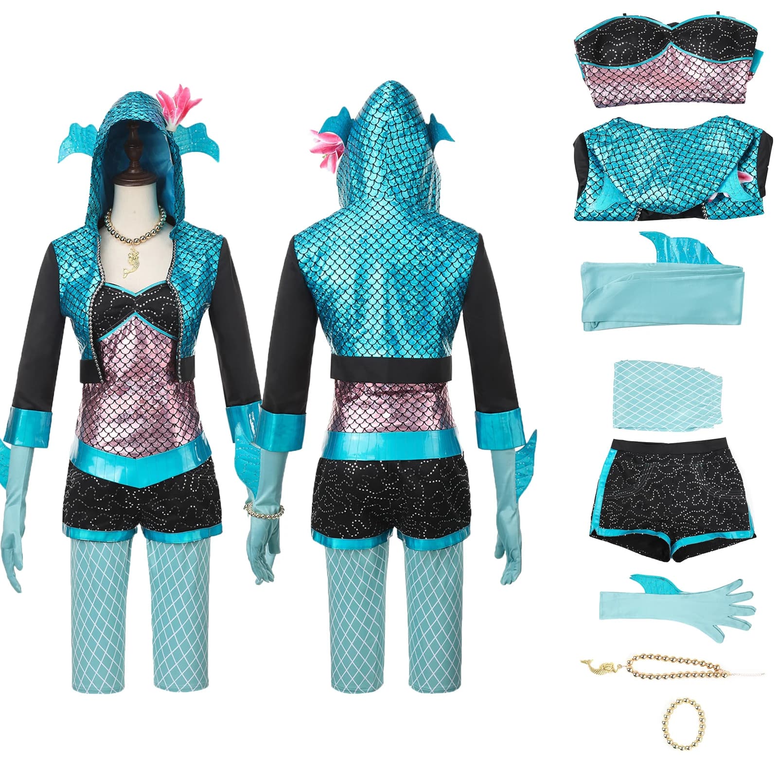 Costume Cosplay Blu da Sirena, Set Cappotto con Cappuccio Blu, Uniforme da Ragazza Mostro Marino con Scaglie di Pesce, Outfit per Halloween e Carnevale