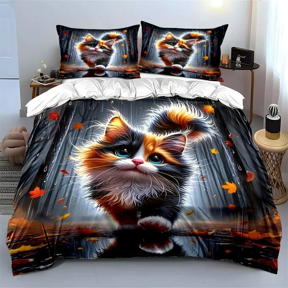 "Autumn Cat Artwork Set" Soft Comfortable Duvet Cover Bedding Set Included 1*Duvet Cover & 2*Pillowcases, gift