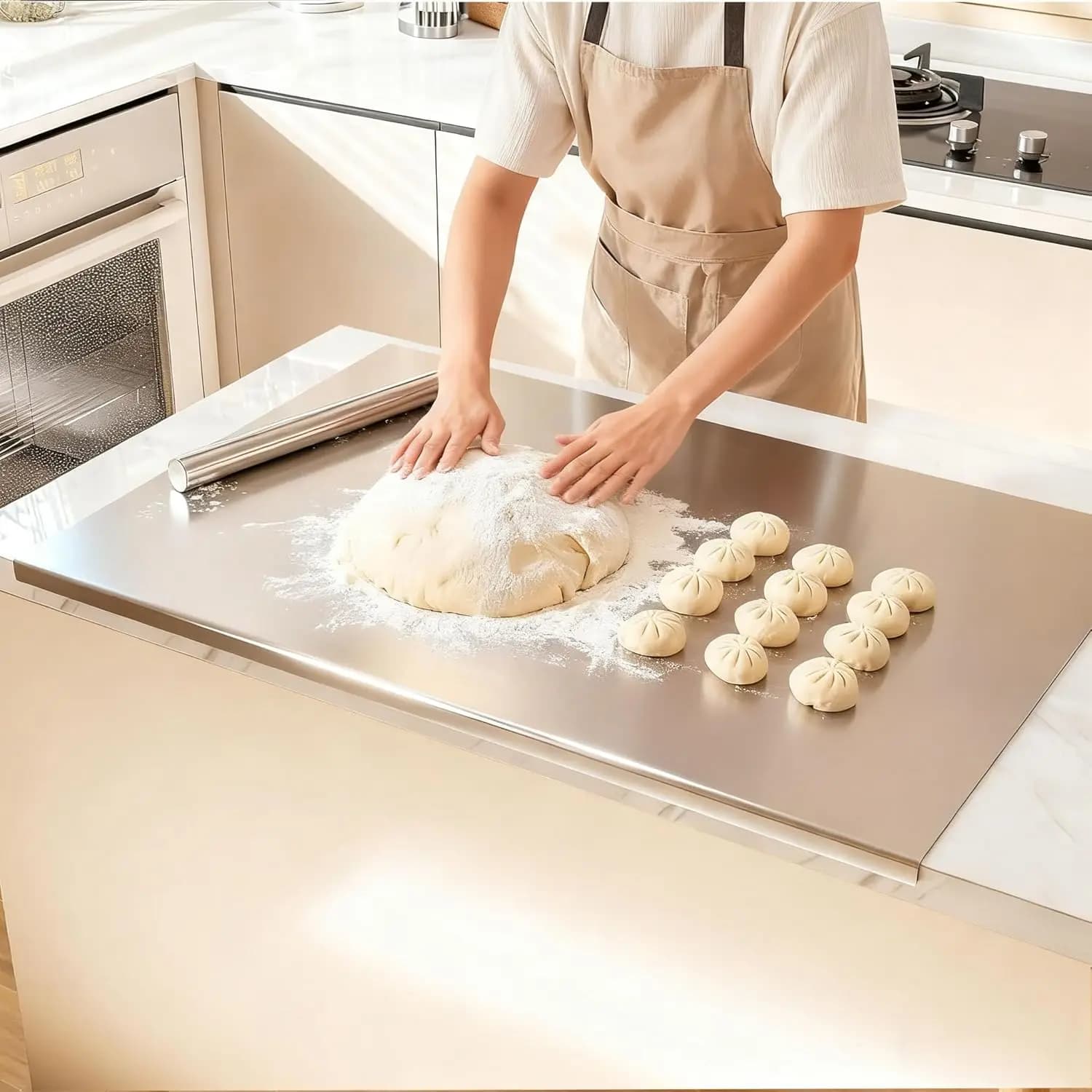 Tagliere Extra Large in Acciaio Inossidabile 304 con Bordo, 90x58 cm, con Mattarello per Cucina e Ristorante