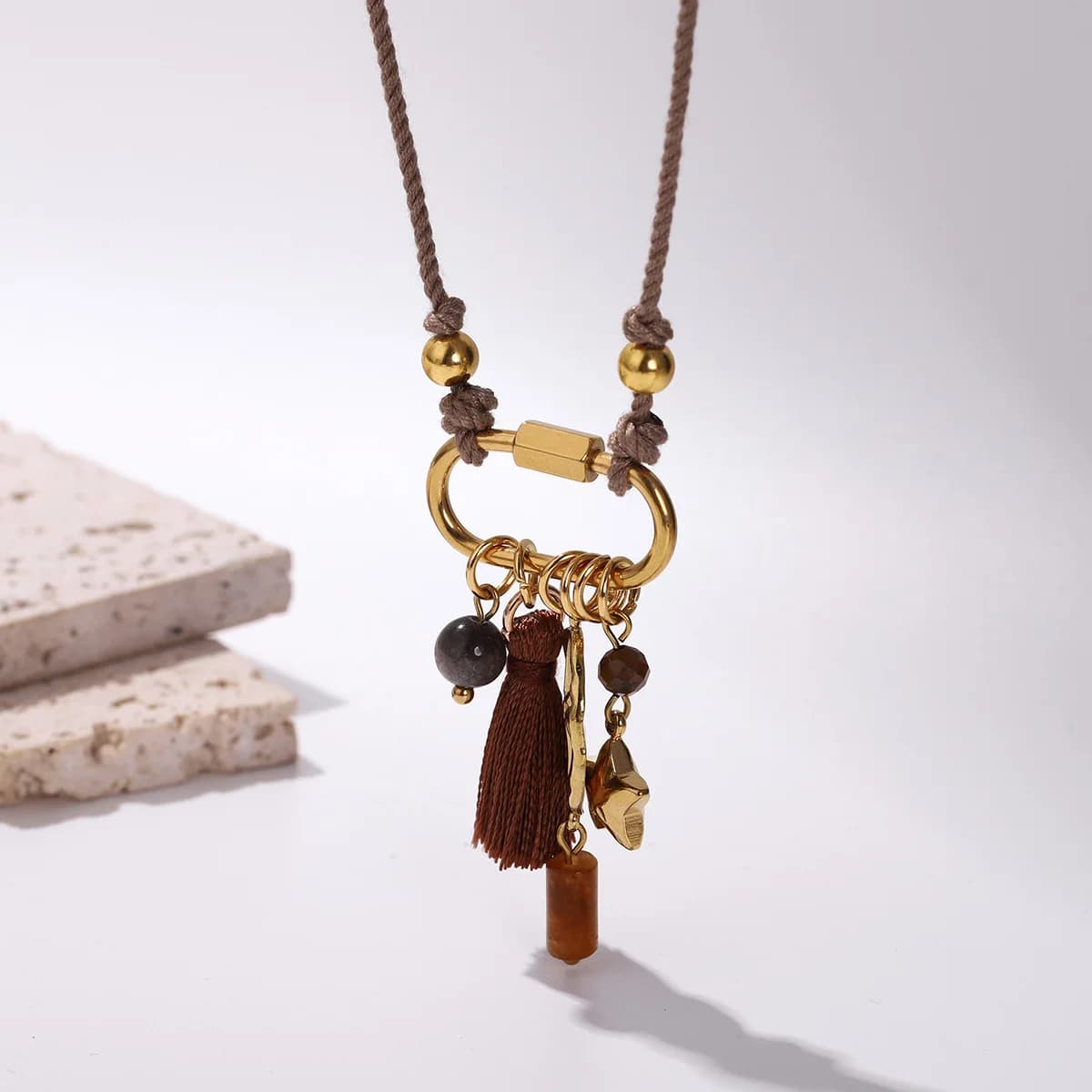Boho Long Cord Tassel Necklace for Women Gold Plated Carabiner Clasp Multi Charm Star Coin Stone Adjustable Rope Jewelry