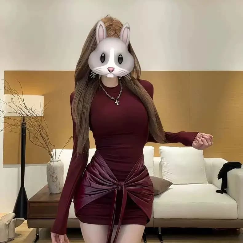 Sexy Tight Waist Dress with Long Sleeves round Neck Outerwear Short Skirt Wrap around Bodycon Dress for Young Women