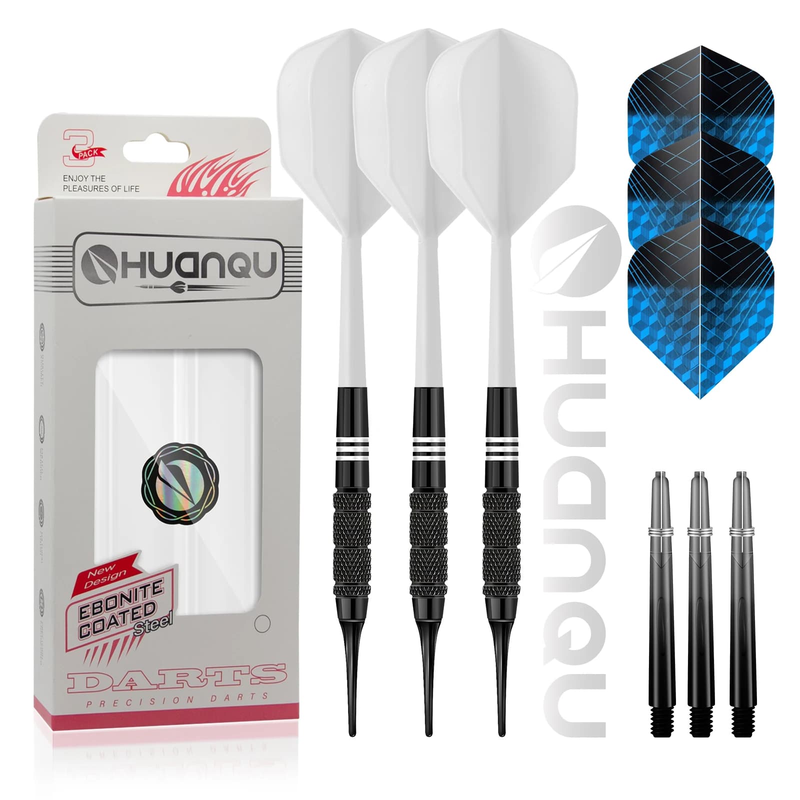 Huanqu 3-Piece Soft Dart Set, Safe Soft-Tipped Darts Suitable for Electronic Dart Boards, Integrated Dart Wings, Includes 20 Spare Dart Tips + Dart Shafts and Wings + Storage Box, Dual-Style Iron Non-Slip Darts for Indoor Entertainment, Parties, and Training