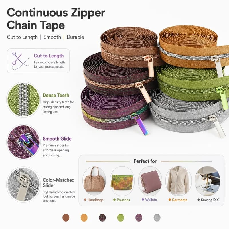 2Pcs/5Pcs/10Pcs 2m/5m/10m 5# Nylon Zipper Tape Slider Set Cut-to-Length Coil Zip Pulls for Garment Handbag Pouch Repair Projects
