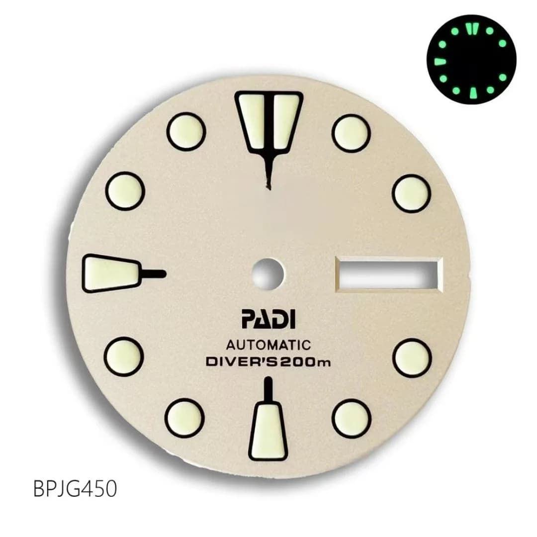 Hot selling 28.5mm NH36 PADI S logo dial movement modified dial green night light literal watch accessories NH35 men watch