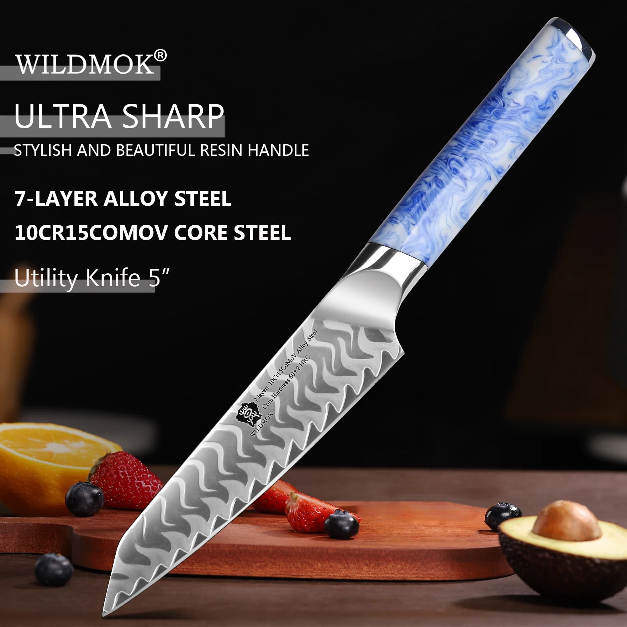 WILDMOK Utility Knife 5", Ultra Sharp Kitchen Fruit Knives, 7 Layer 10Cr15CoMov Alloy Steel Peeling Knife with Resin Handle