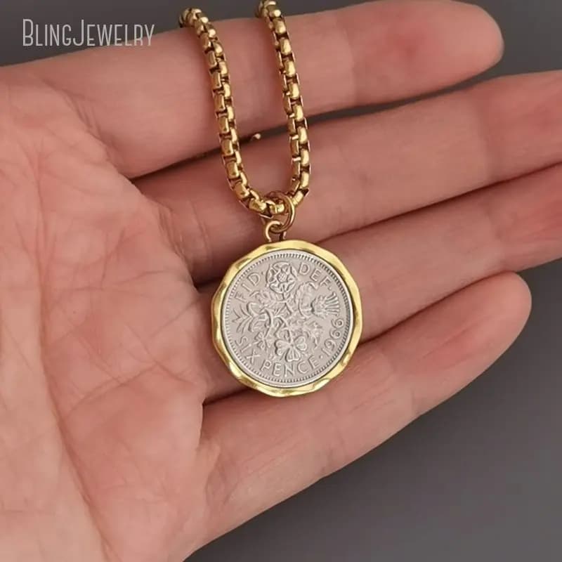 10 pezzi di gioielli con catena in acciaio inossidabile impermeabile Lucky Six Pence UK Elizabeth Coin Collana con medaglione da donna color oro Tiki
