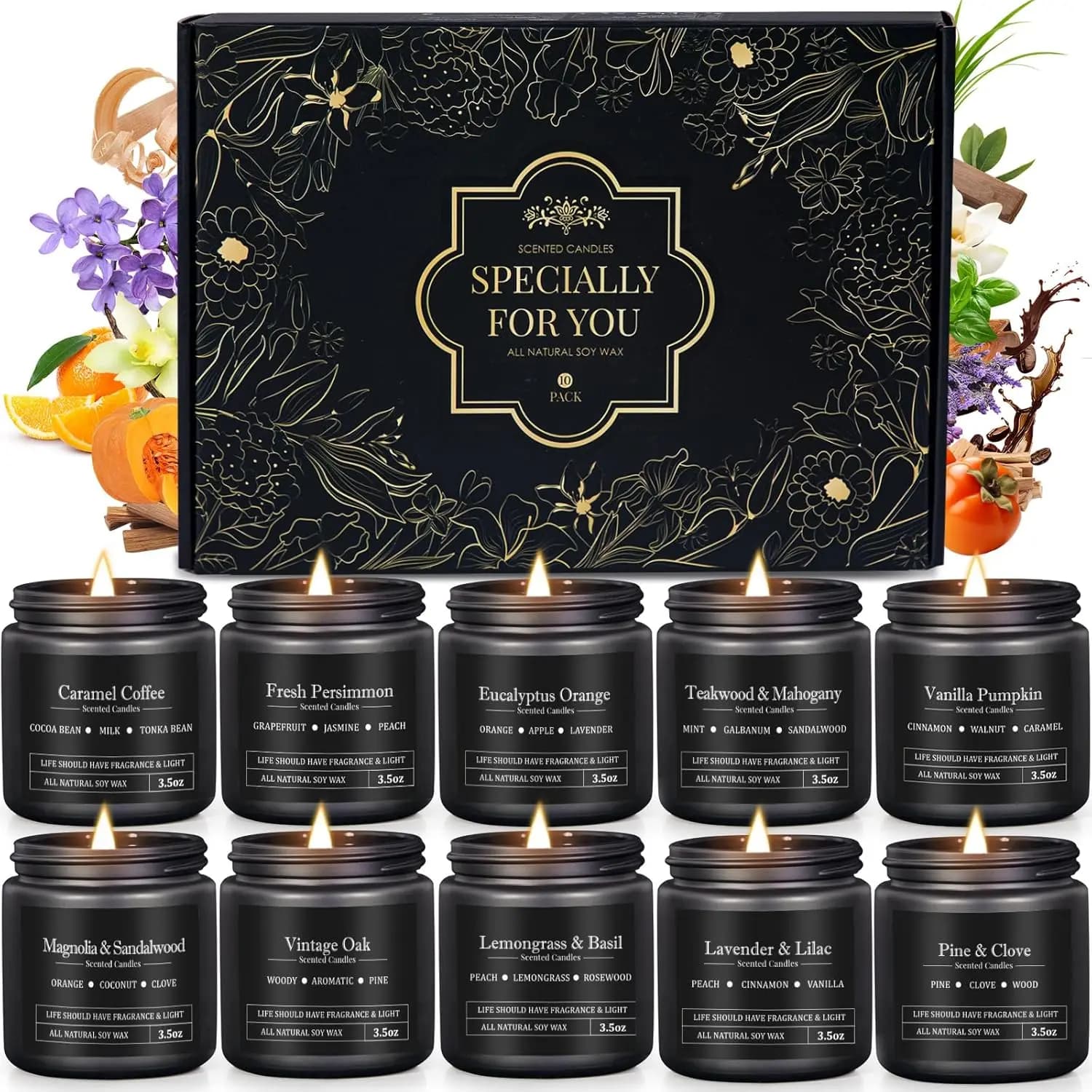 Set Regalo di 10 Candele Profumate Maschili in Cera di Soia, Aromaterapia con Fragranze Fresche e Legnose per la Casa
