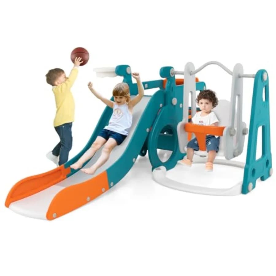 Set da gioco 6 in 1 per bambini: scivolo e altalena, per interni ed esterni, a forma di autobus, con altalena per neonati, canestro da basket, tunnel per gattonare e struttura da arrampicata