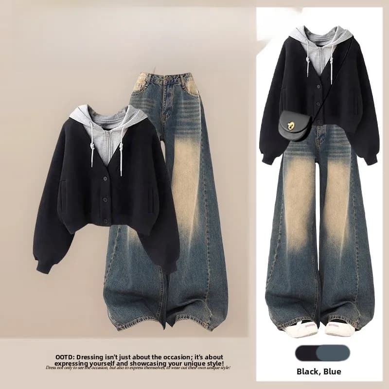 Fashionable Casual Sportswear Women's Hoodie Sweatshirt High Waist Slimming Jeans Two-Piece Set Spring New Arrival