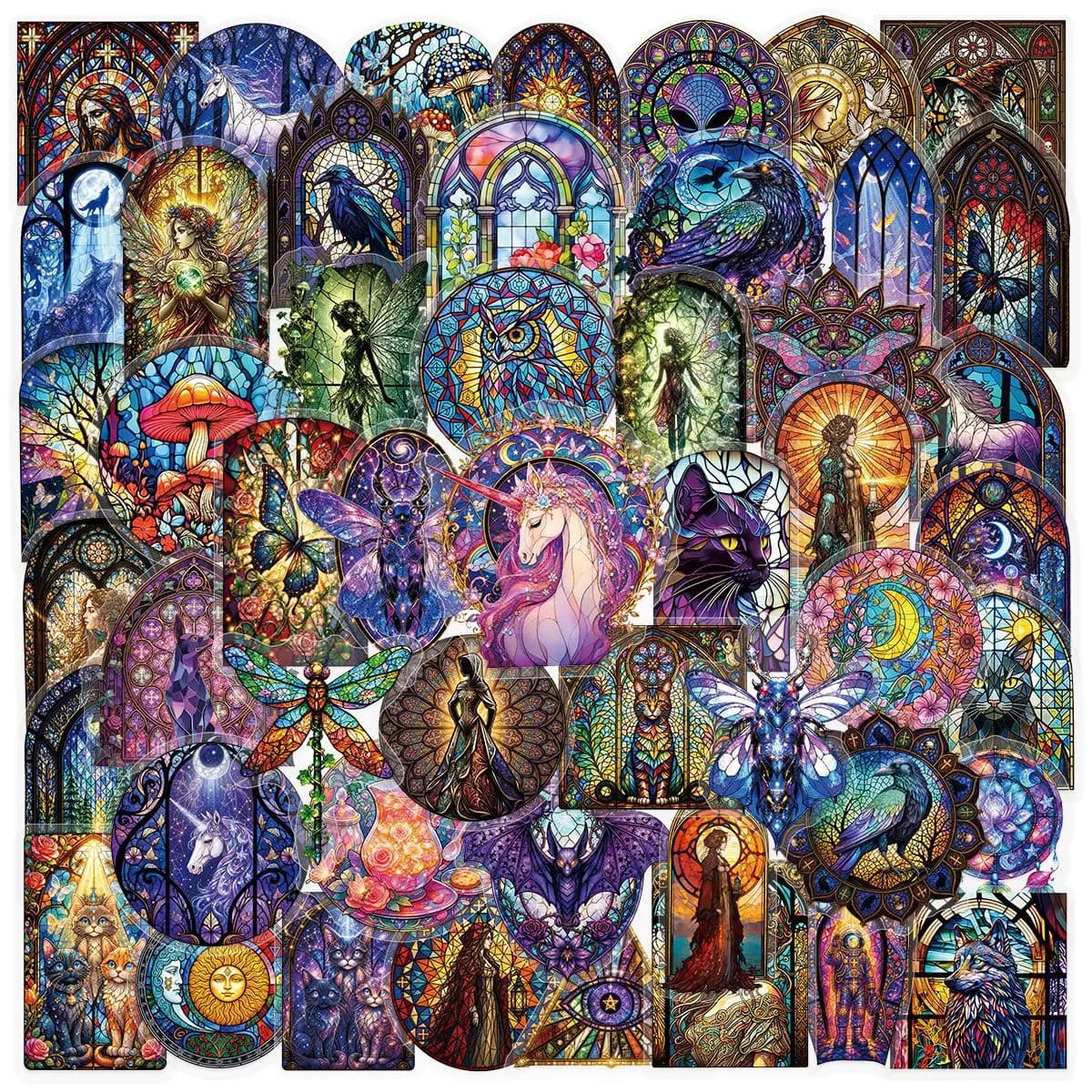 50-Pack Vintage Church Window Art Glass Transparent PET Graffiti Stickers Notebook Stationery Guitar Decorative Decals