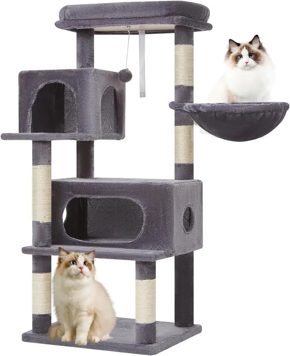 Torre per Gatti da 49 Pollici con Cesti Sospesi Regolabili e Posatoio, Grigio Fumo per Gatti da Interno