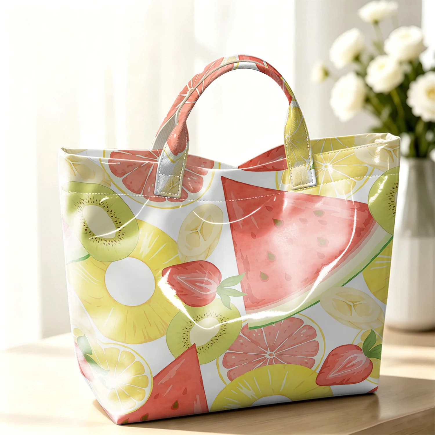Summer Fruit Watercolor Fashion Large Glossy PVC Tote Bag Hand Washable Waterproof Travel Commute Cosmetic Storage Shopper