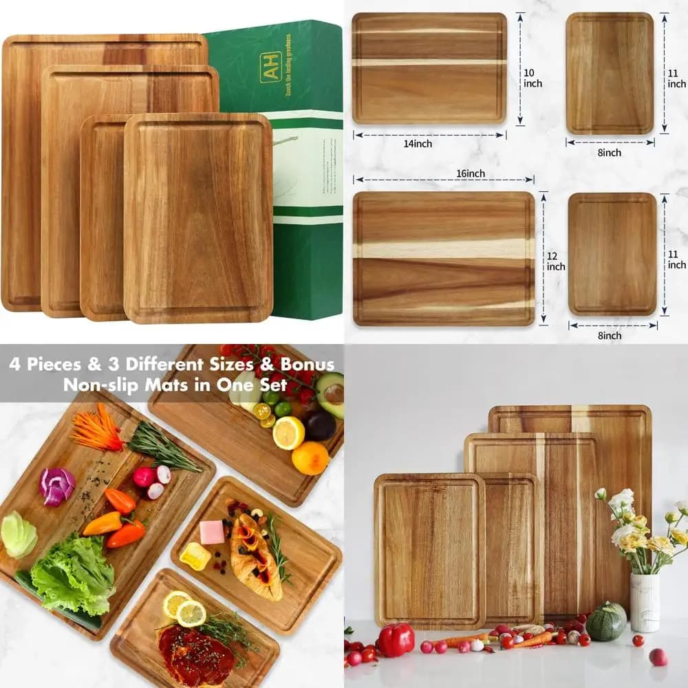 Tavole da taglio per legno da cucina Set di 4 - Tavole per salumi in acacia con confezione regalo, blocco da macellaio antiscivolo per formaggio e carne
